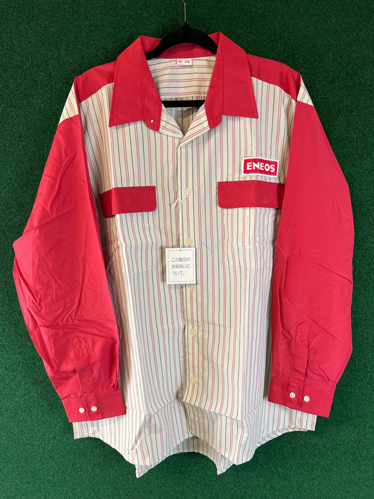 ENEOS - Japanese Service Station Employee Uniform Red/White Striped Long Sleeve Button down Collared Shirt - 4L
