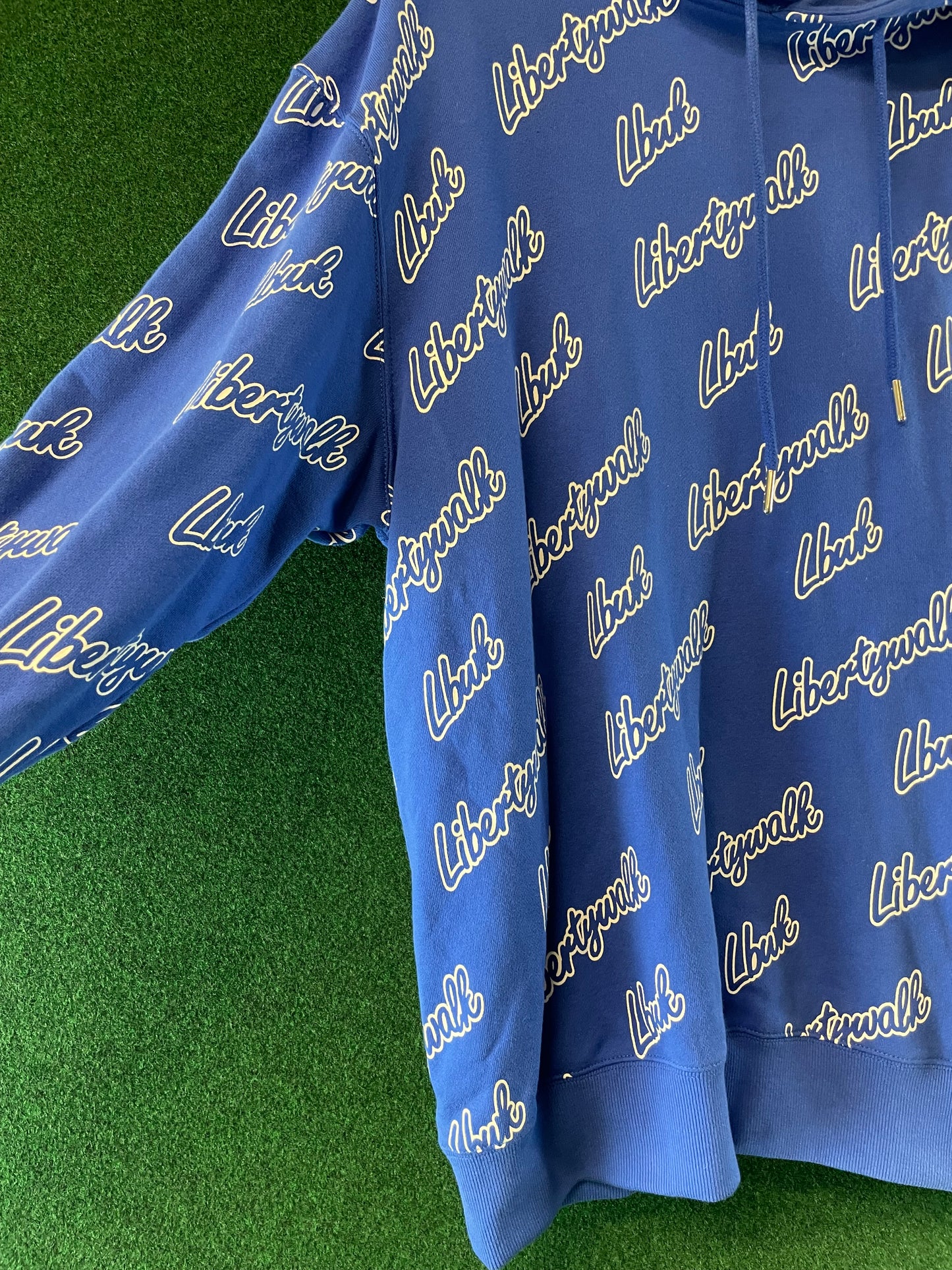 Liberty Walk LBWK - Blue All Over Cursive Font Logo Hooded Sweatshirt