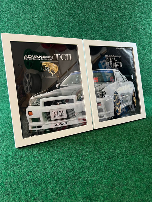 ADVAN Racing Yokohama TC-II Wheels on Nissan Skyline R34 GT-R - Framed Advertisement Picture Set