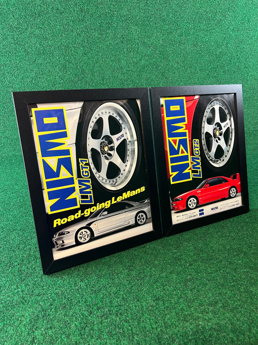 NISMO - RAYS Wheels LMGT1 on Nissan Skyline R33 GT-R 400R & LMGT2 on R33 GTS-T Framed Advertisement Picture Set (1995)