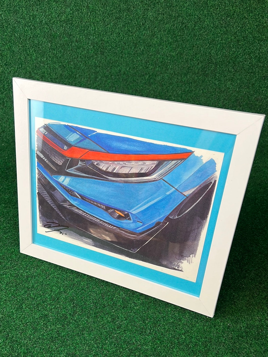 UNDERDOGZ - Blue Honda Civic Type R FK8 (White Frame) Hand Drawn, Watercolor Painted & Signed Print